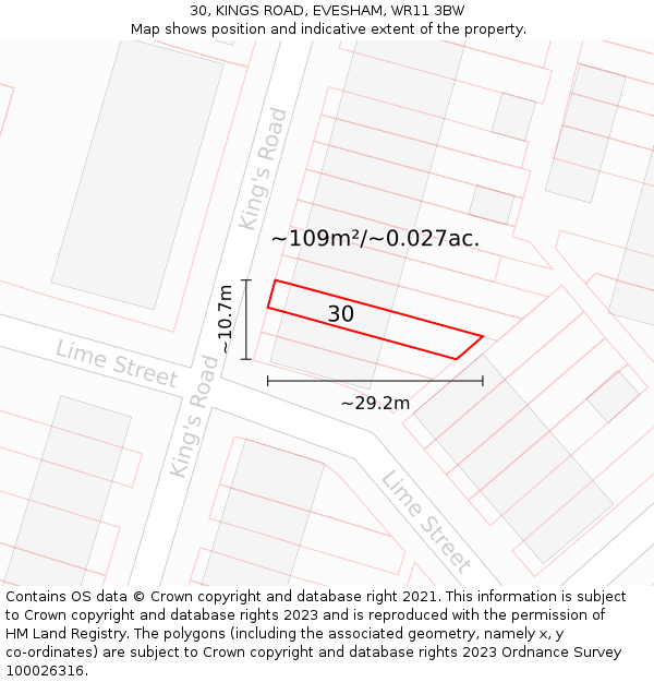 30, KINGS ROAD, EVESHAM, WR11 3BW: Plot and title map