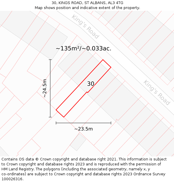 30, KINGS ROAD, ST ALBANS, AL3 4TG: Plot and title map