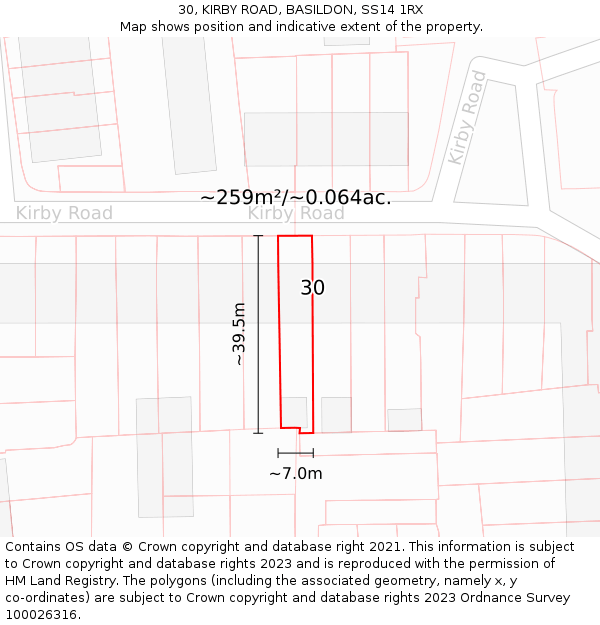 30, KIRBY ROAD, BASILDON, SS14 1RX: Plot and title map