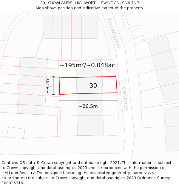 30, KNOWLANDS, HIGHWORTH, SWINDON, SN6 7NB: Plot and title map