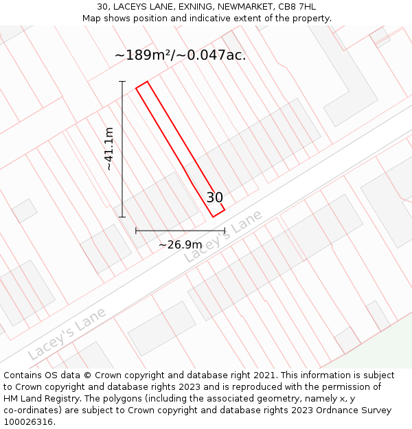30, LACEYS LANE, EXNING, NEWMARKET, CB8 7HL: Plot and title map
