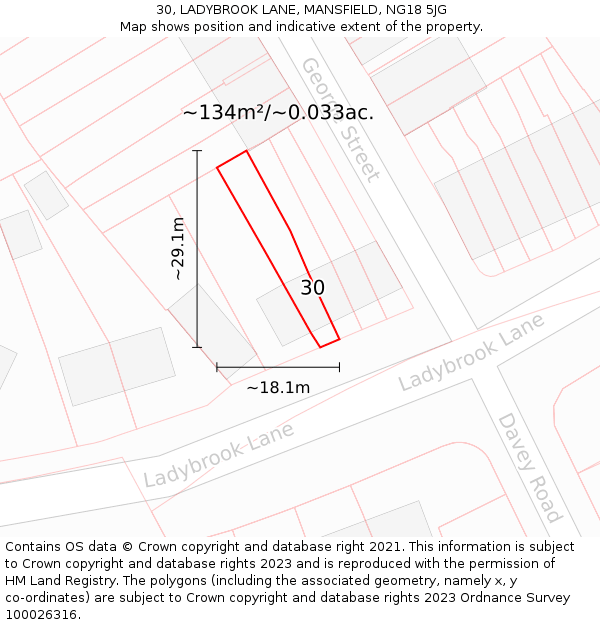 30, LADYBROOK LANE, MANSFIELD, NG18 5JG: Plot and title map