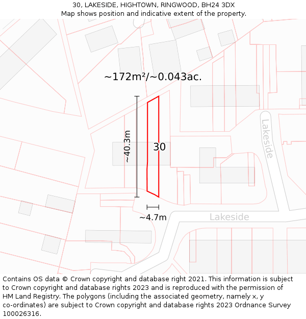 30, LAKESIDE, HIGHTOWN, RINGWOOD, BH24 3DX: Plot and title map