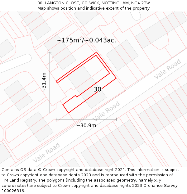 30, LANGTON CLOSE, COLWICK, NOTTINGHAM, NG4 2BW: Plot and title map