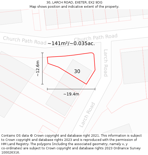 30, LARCH ROAD, EXETER, EX2 9DG: Plot and title map