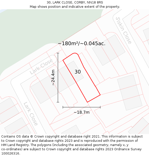 30, LARK CLOSE, CORBY, NN18 8RS: Plot and title map