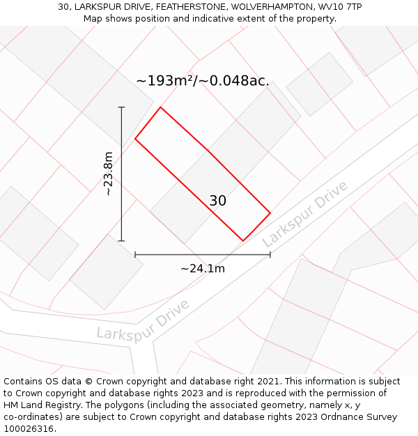 30, LARKSPUR DRIVE, FEATHERSTONE, WOLVERHAMPTON, WV10 7TP: Plot and title map