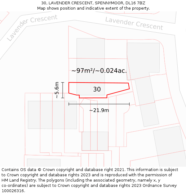 30, LAVENDER CRESCENT, SPENNYMOOR, DL16 7BZ: Plot and title map