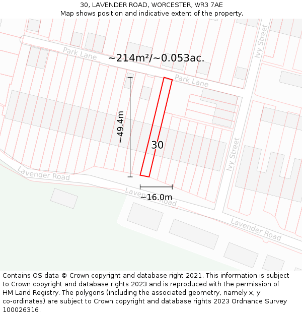 30, LAVENDER ROAD, WORCESTER, WR3 7AE: Plot and title map