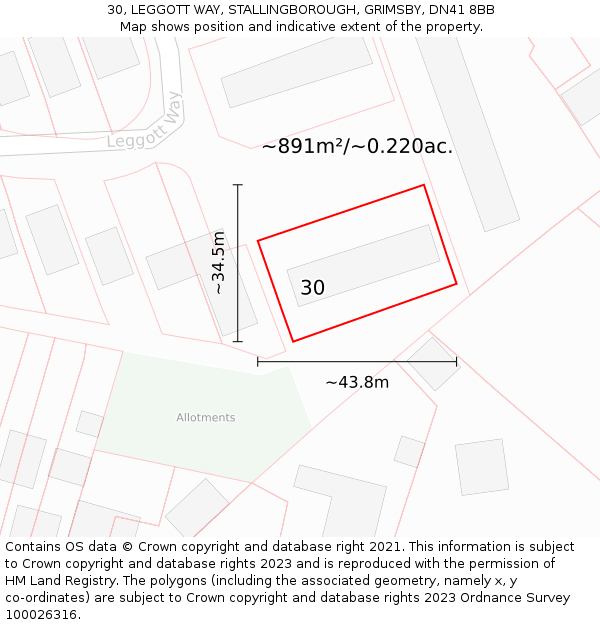 30, LEGGOTT WAY, STALLINGBOROUGH, GRIMSBY, DN41 8BB: Plot and title map