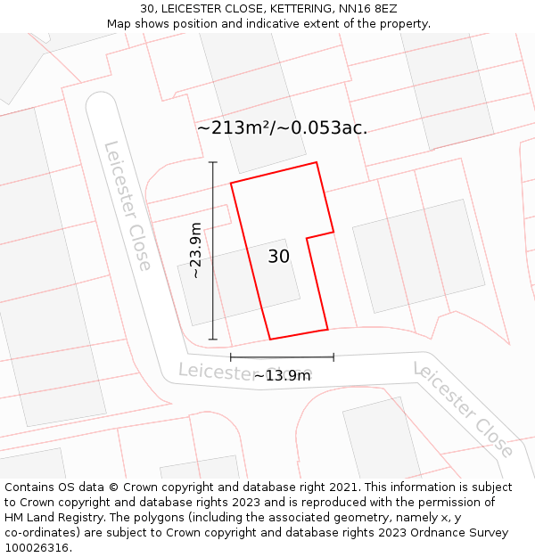 30, LEICESTER CLOSE, KETTERING, NN16 8EZ: Plot and title map