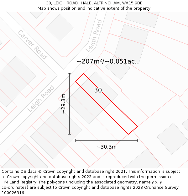30, LEIGH ROAD, HALE, ALTRINCHAM, WA15 9BE: Plot and title map