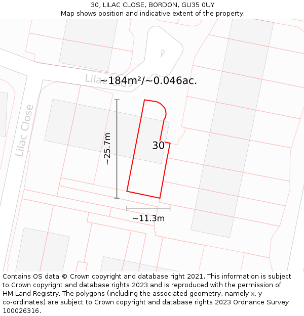 30, LILAC CLOSE, BORDON, GU35 0UY: Plot and title map