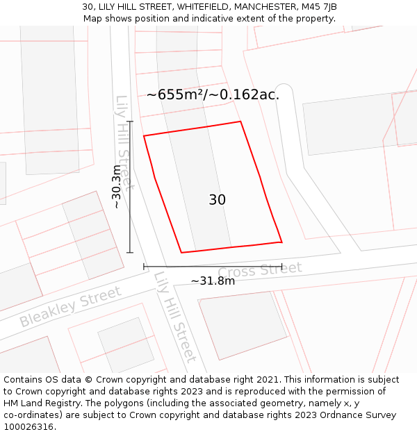 30, LILY HILL STREET, WHITEFIELD, MANCHESTER, M45 7JB: Plot and title map