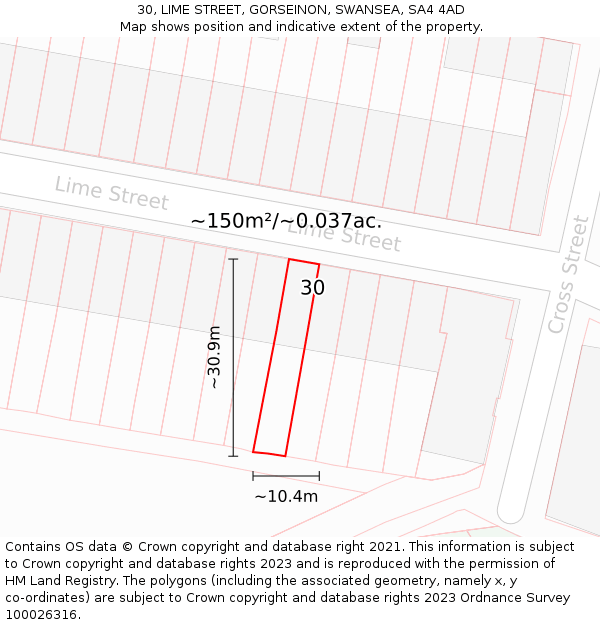 30, LIME STREET, GORSEINON, SWANSEA, SA4 4AD: Plot and title map