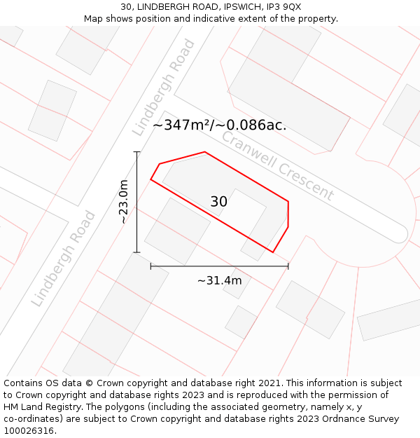 30, LINDBERGH ROAD, IPSWICH, IP3 9QX: Plot and title map