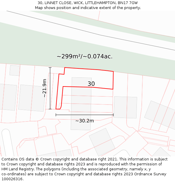 30, LINNET CLOSE, WICK, LITTLEHAMPTON, BN17 7GW: Plot and title map