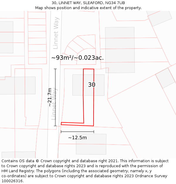 30, LINNET WAY, SLEAFORD, NG34 7UB: Plot and title map