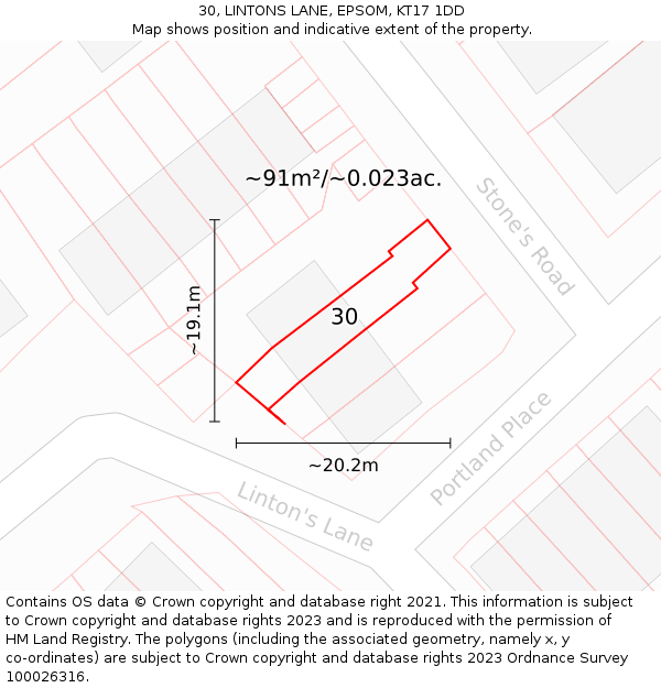 30, LINTONS LANE, EPSOM, KT17 1DD: Plot and title map
