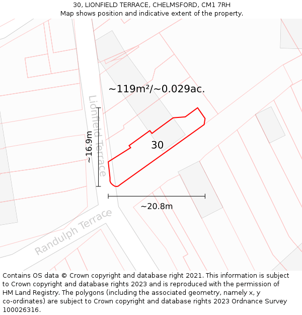 30, LIONFIELD TERRACE, CHELMSFORD, CM1 7RH: Plot and title map