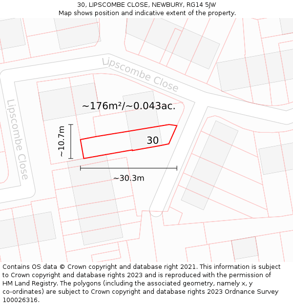 30, LIPSCOMBE CLOSE, NEWBURY, RG14 5JW: Plot and title map