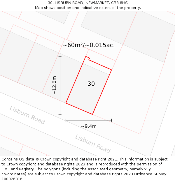 30, LISBURN ROAD, NEWMARKET, CB8 8HS: Plot and title map