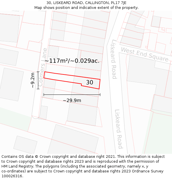 30, LISKEARD ROAD, CALLINGTON, PL17 7JE: Plot and title map