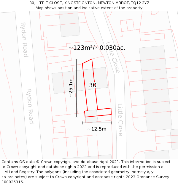 30, LITTLE CLOSE, KINGSTEIGNTON, NEWTON ABBOT, TQ12 3YZ: Plot and title map