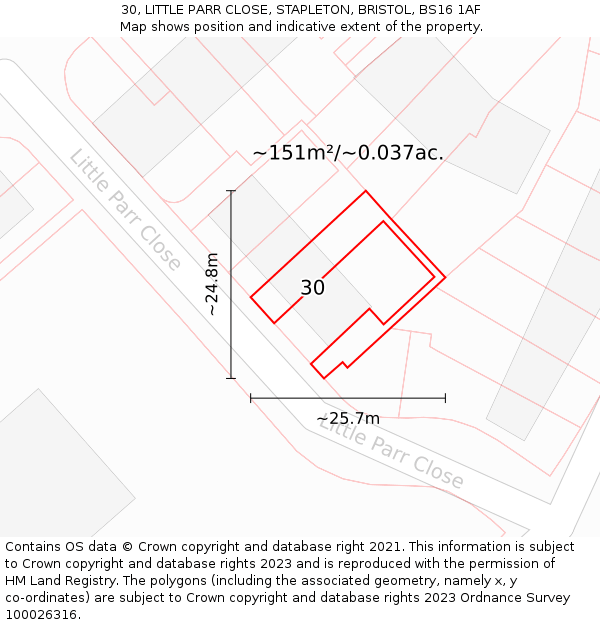 30, LITTLE PARR CLOSE, STAPLETON, BRISTOL, BS16 1AF: Plot and title map