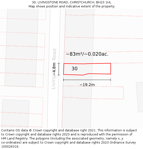30, LIVINGSTONE ROAD, CHRISTCHURCH, BH23 1HL: Plot and title map