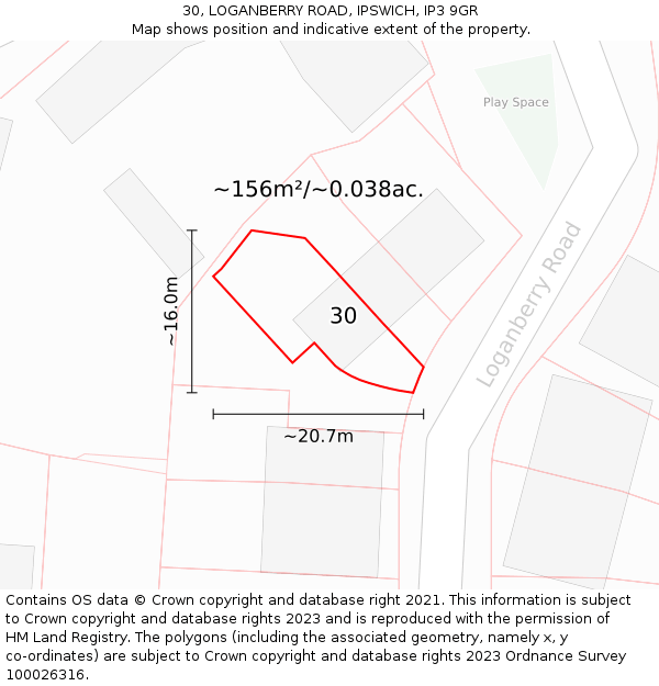 30, LOGANBERRY ROAD, IPSWICH, IP3 9GR: Plot and title map