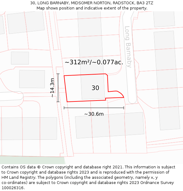 30, LONG BARNABY, MIDSOMER NORTON, RADSTOCK, BA3 2TZ: Plot and title map