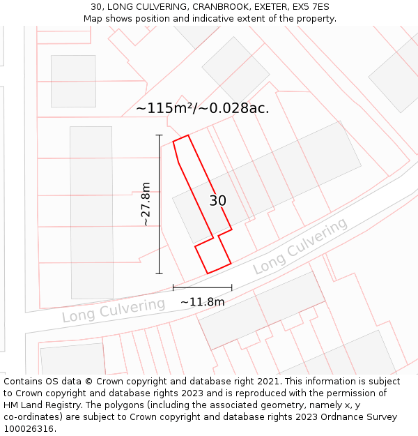 30, LONG CULVERING, CRANBROOK, EXETER, EX5 7ES: Plot and title map