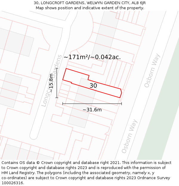 30, LONGCROFT GARDENS, WELWYN GARDEN CITY, AL8 6JR: Plot and title map