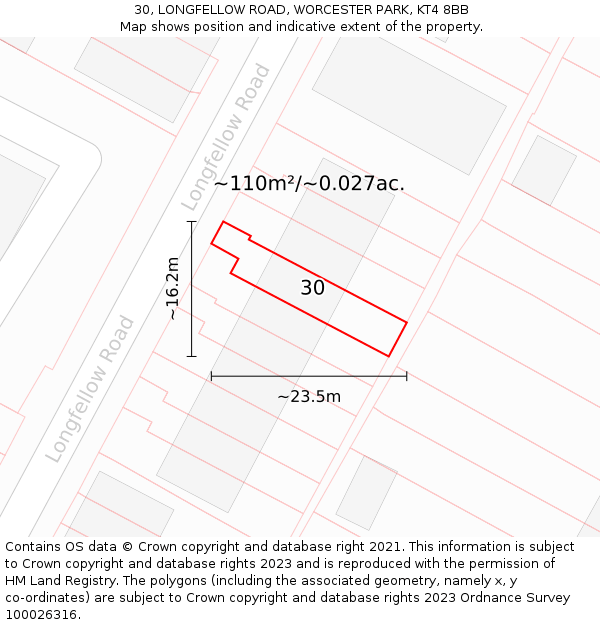 30, LONGFELLOW ROAD, WORCESTER PARK, KT4 8BB: Plot and title map