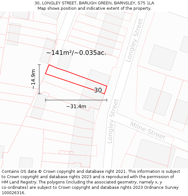 30, LONGLEY STREET, BARUGH GREEN, BARNSLEY, S75 1LA: Plot and title map