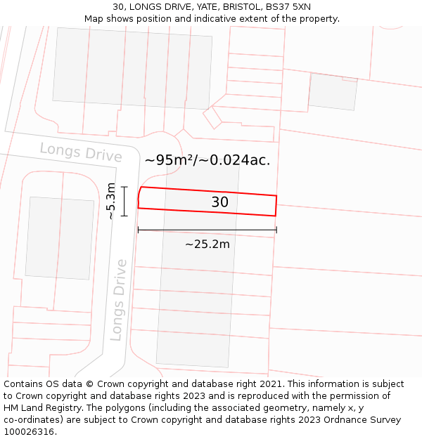 30, LONGS DRIVE, YATE, BRISTOL, BS37 5XN: Plot and title map