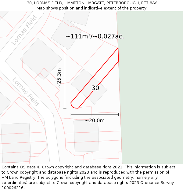 30, LORNAS FIELD, HAMPTON HARGATE, PETERBOROUGH, PE7 8AY: Plot and title map