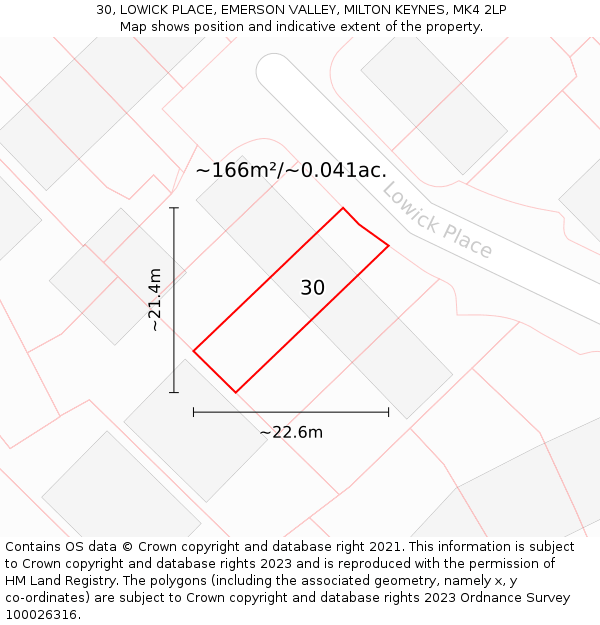 30, LOWICK PLACE, EMERSON VALLEY, MILTON KEYNES, MK4 2LP: Plot and title map