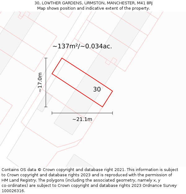 30, LOWTHER GARDENS, URMSTON, MANCHESTER, M41 8RJ: Plot and title map