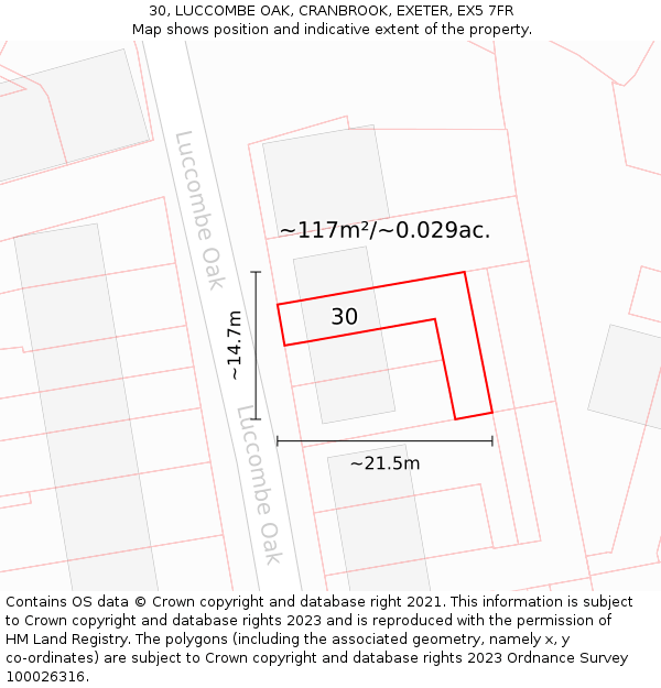 30, LUCCOMBE OAK, CRANBROOK, EXETER, EX5 7FR: Plot and title map