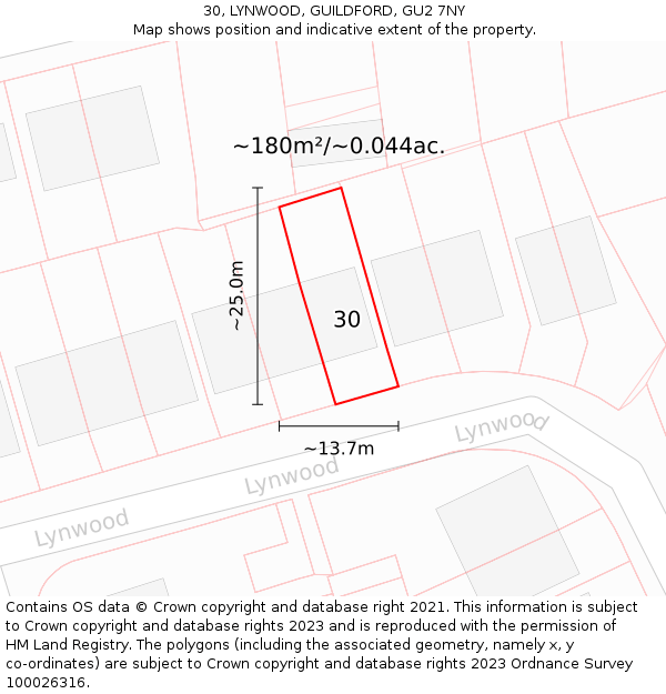 30, LYNWOOD, GUILDFORD, GU2 7NY: Plot and title map