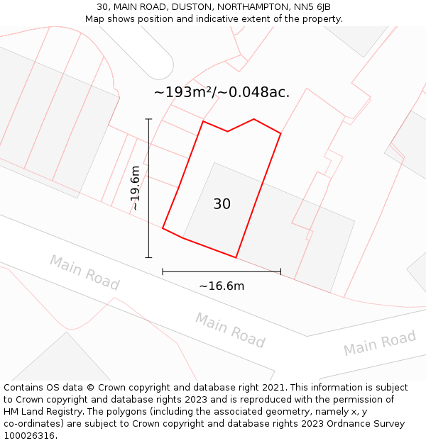 30, MAIN ROAD, DUSTON, NORTHAMPTON, NN5 6JB: Plot and title map