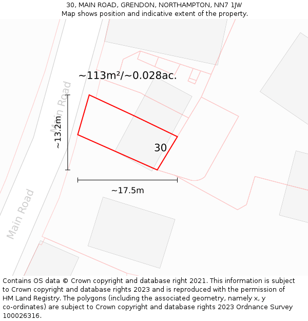 30, MAIN ROAD, GRENDON, NORTHAMPTON, NN7 1JW: Plot and title map
