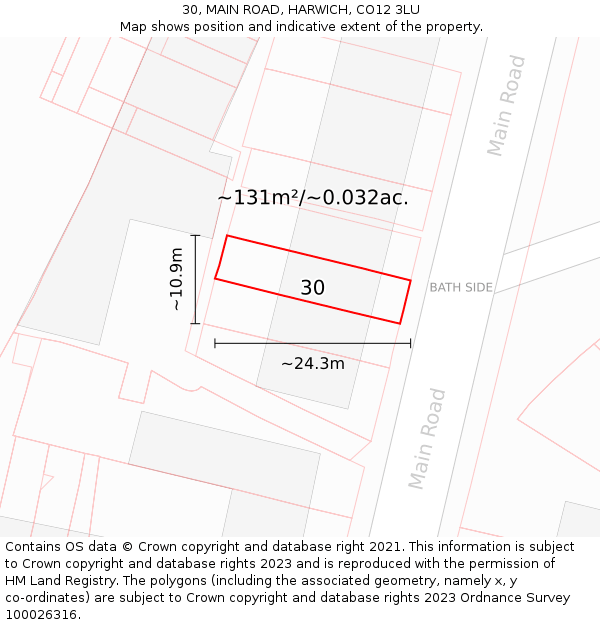 30, MAIN ROAD, HARWICH, CO12 3LU: Plot and title map