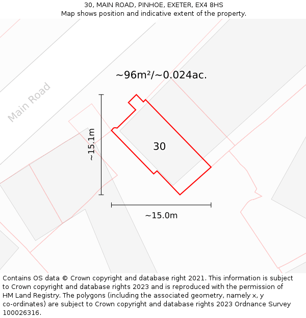 30, MAIN ROAD, PINHOE, EXETER, EX4 8HS: Plot and title map