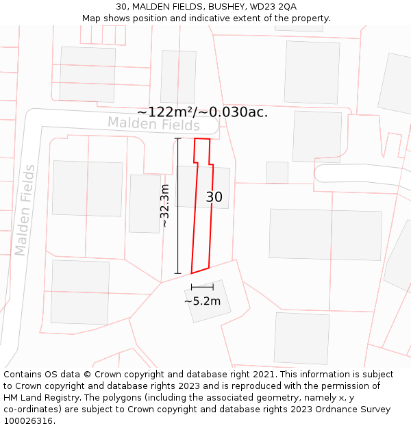 30, MALDEN FIELDS, BUSHEY, WD23 2QA: Plot and title map