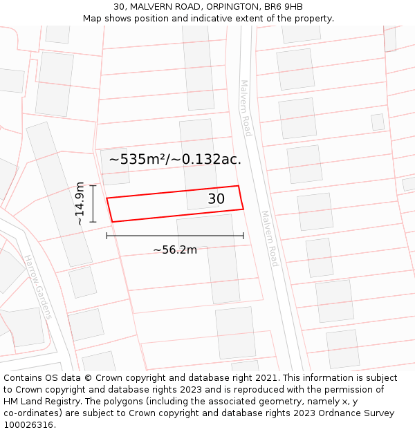 30, MALVERN ROAD, ORPINGTON, BR6 9HB: Plot and title map