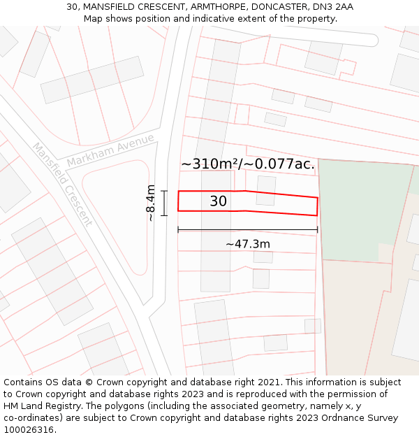 30, MANSFIELD CRESCENT, ARMTHORPE, DONCASTER, DN3 2AA: Plot and title map