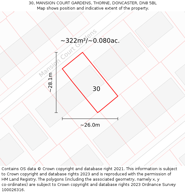 30, MANSION COURT GARDENS, THORNE, DONCASTER, DN8 5BL: Plot and title map